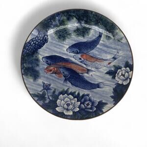 VINTAGE LARGE 12.5" KOI FISH LOTUS PEONIES PORCELAIN CHARGER PLATE JAPAN